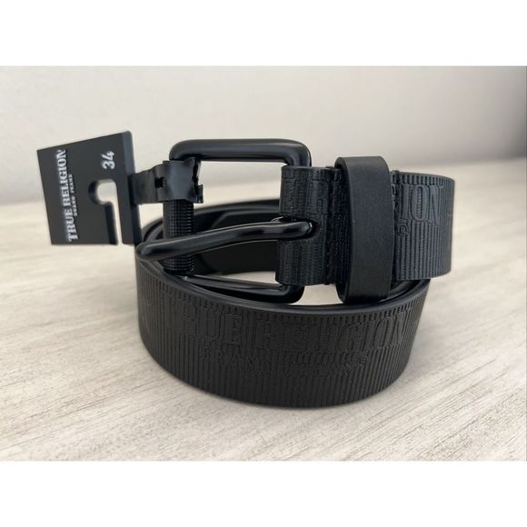 True Religion Men's Sz 34 Black Van Belt w/Textured Logo Repeat & Roller Buckle - Picture 5 of 8